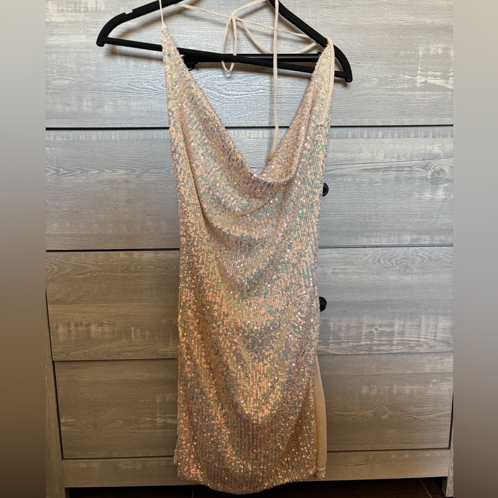 Fashion Nova Iridescent Pink Sequin Strapless Cowl Dress
